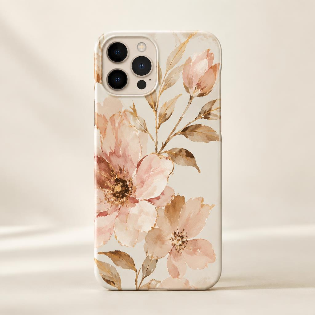 Phone case with blush and gold watercolor flowers